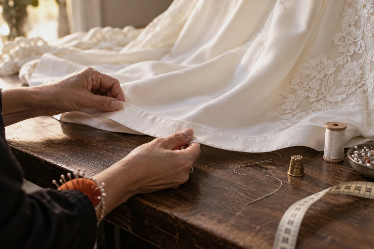 Hands smoothing the hem of an ivory dress on a dark table, an orange pincushion and a tape measure beside.
