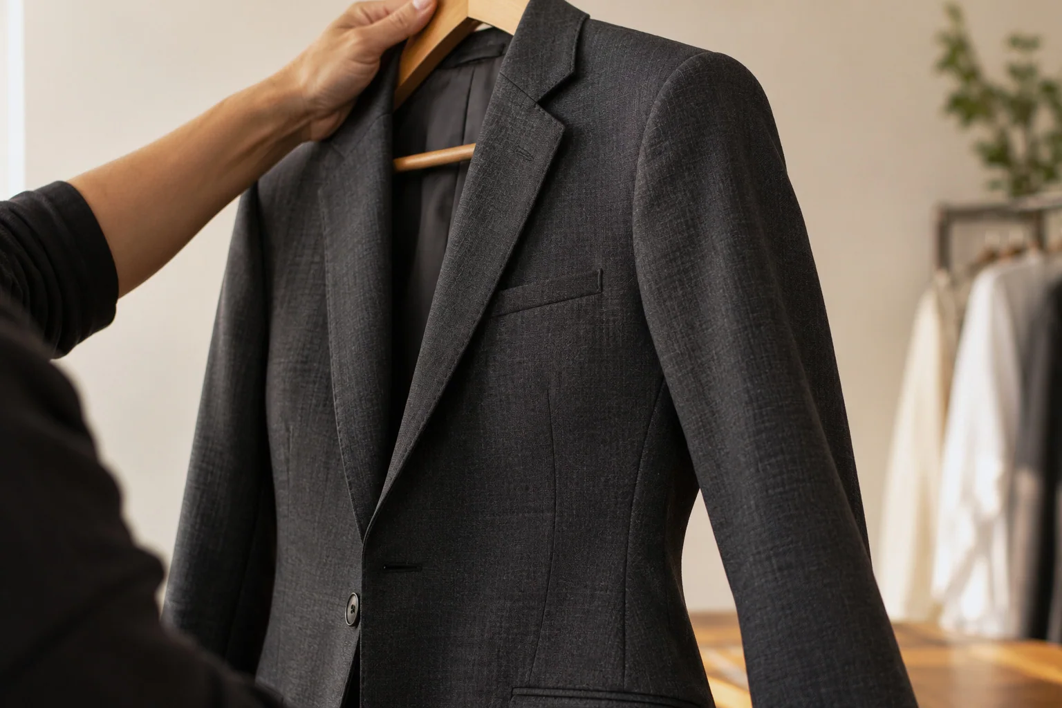 A charcoal wool suit jacket on a wooden hanger, the side seam freshly taken in so the waist tapers cleanly.