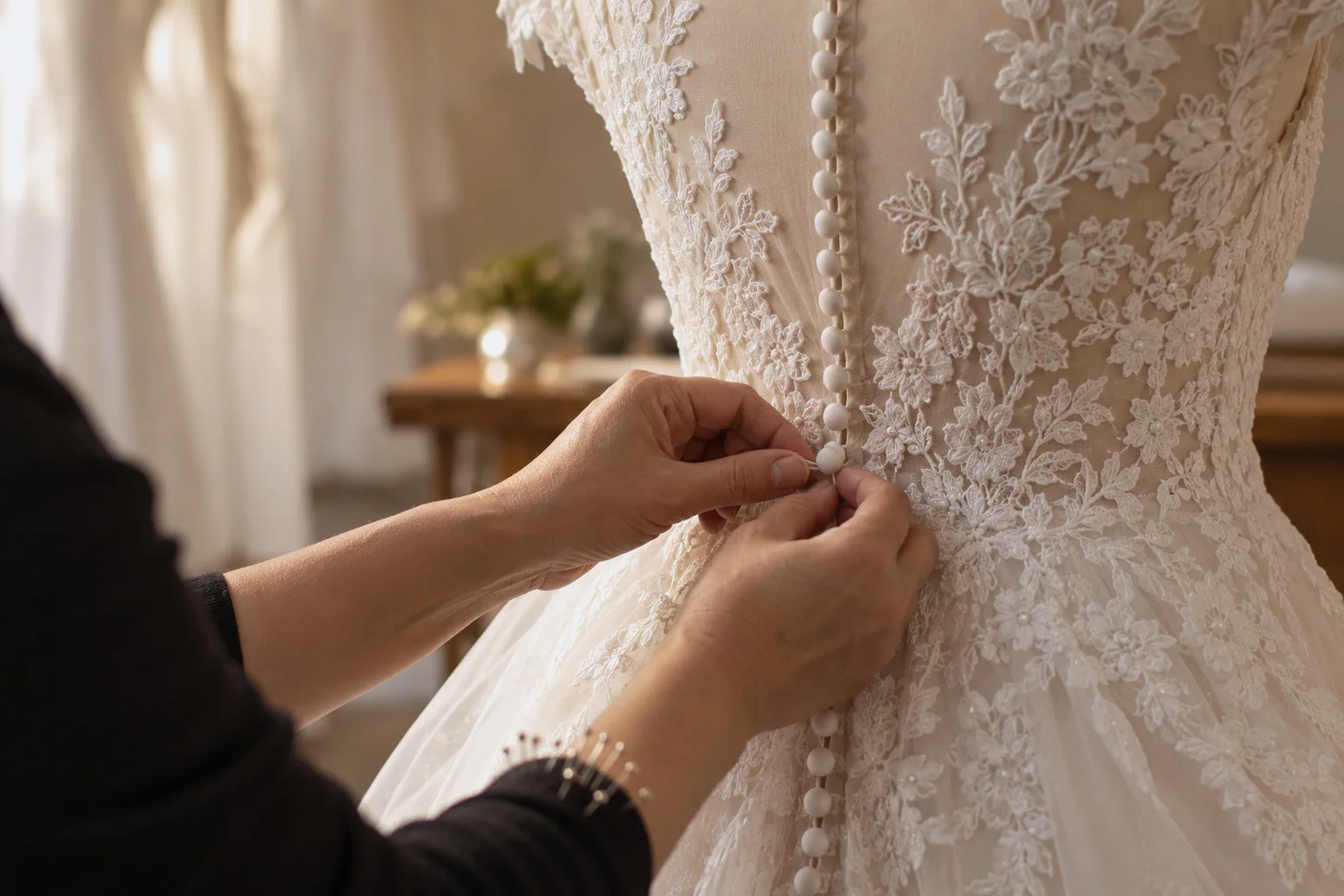 Two hands fastening the last of a long row of tiny covered buttons down the back of an ivory lace wedding gown on a dress form.