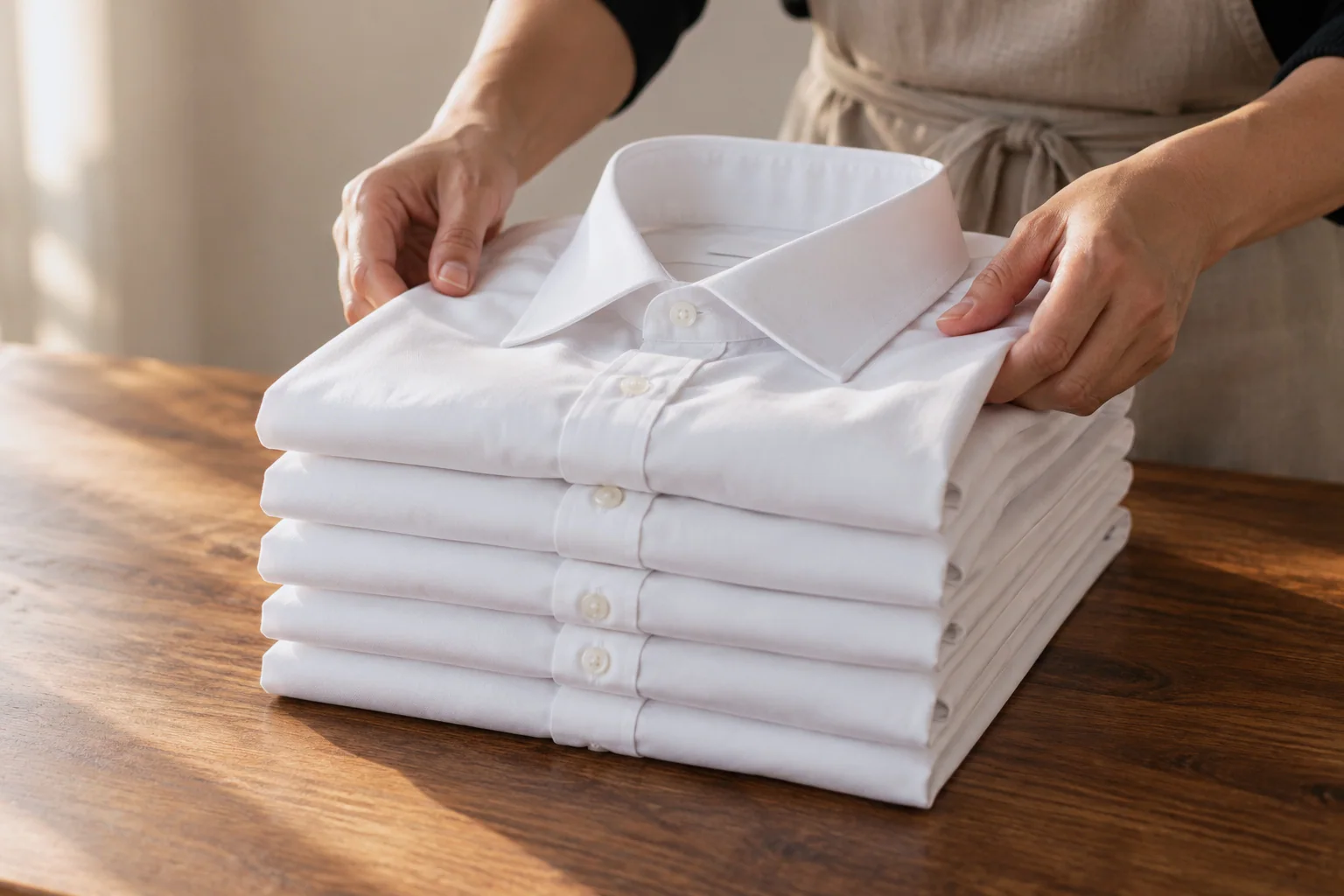 A stack of five crisply pressed white shirts, folded, on a wooden work surface, one collar in sharp focus.