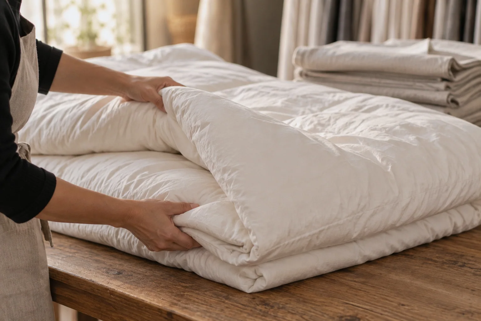 A large cream duvet being folded by two hands over a wide table, the fabric filling the frame in soft folds.