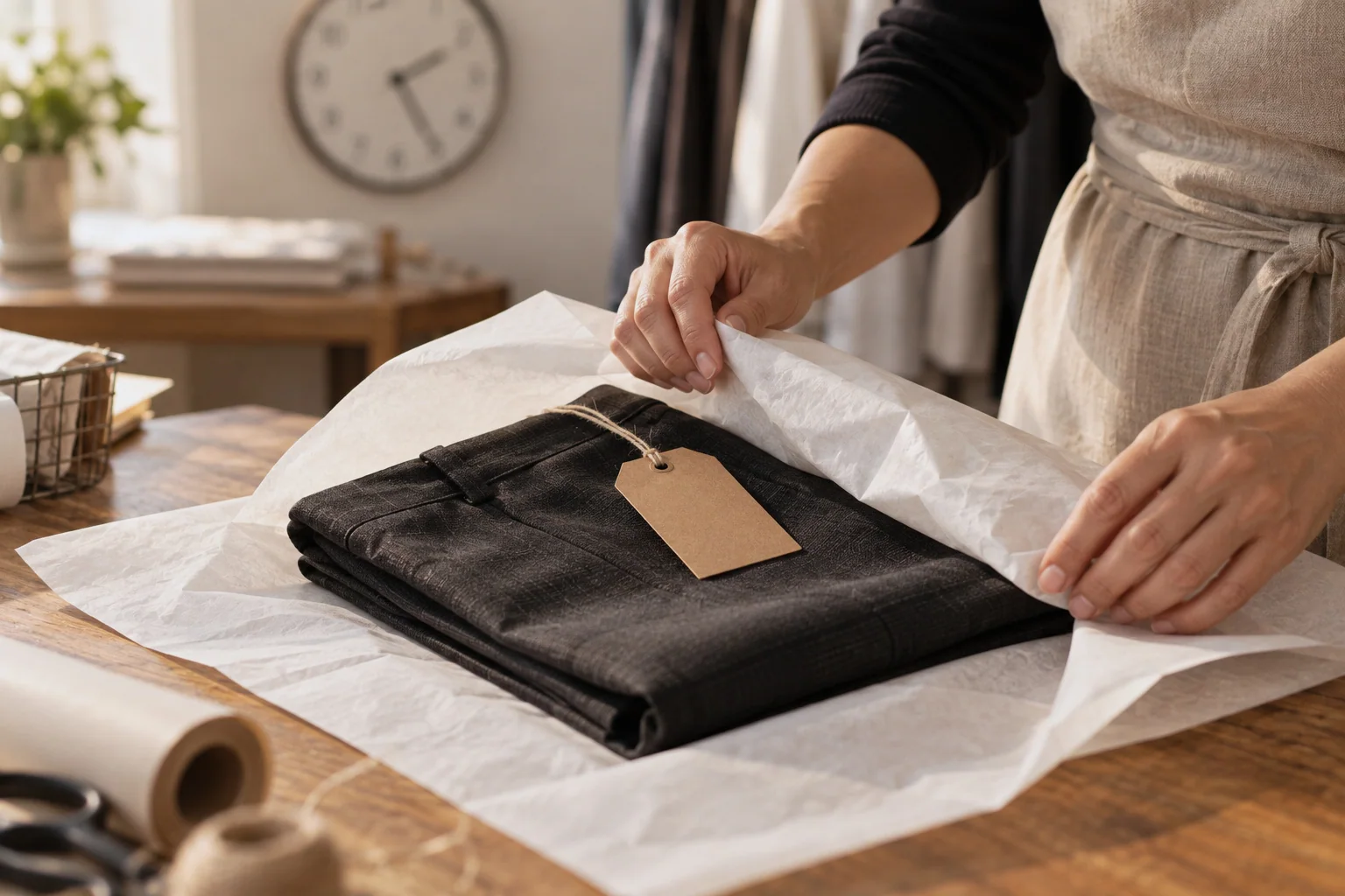 A finished pair of hemmed dark trousers being folded into cream tissue paper, a blank kraft tag on twine resting on top.