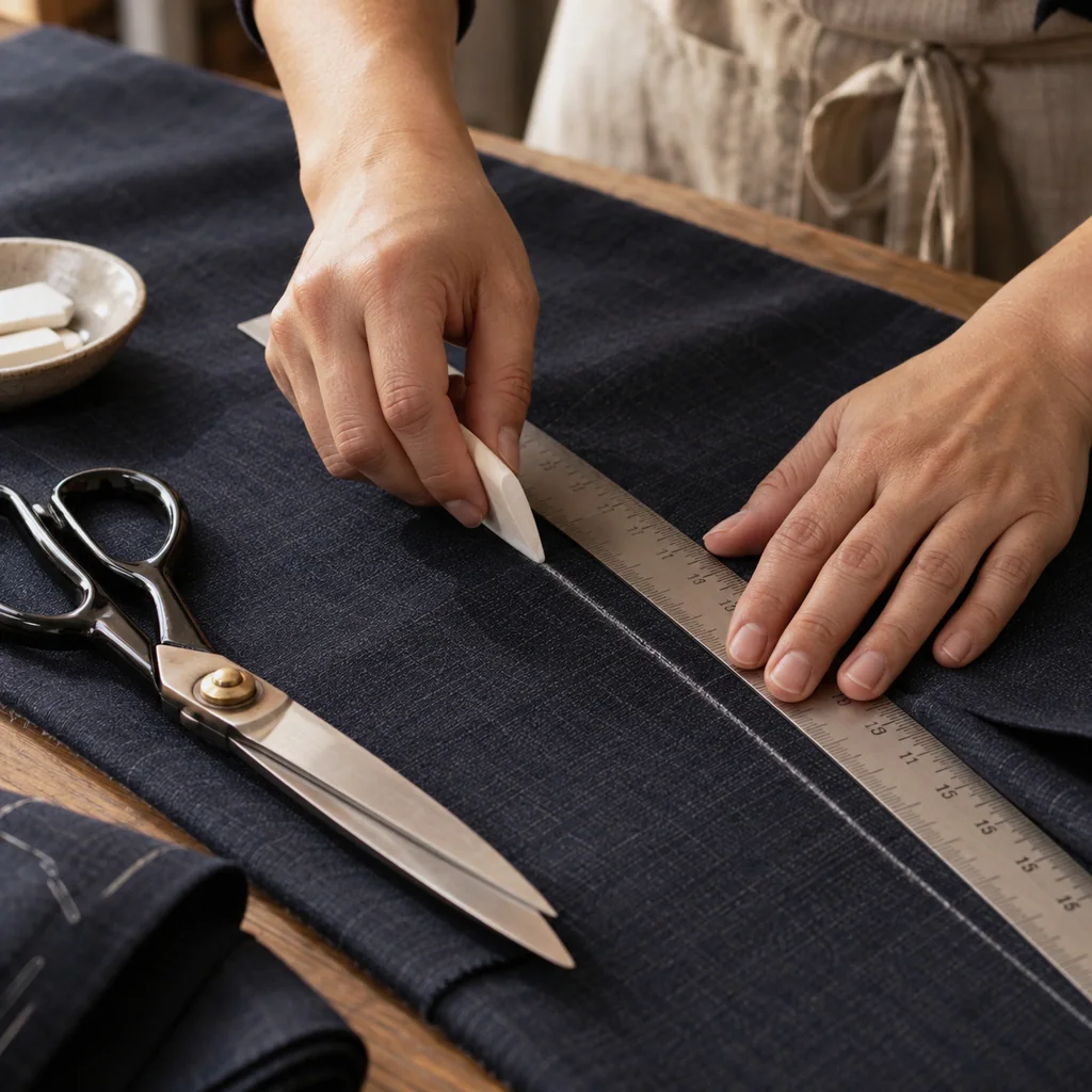 A tailor’s chalk line drawn along a steel ruler across navy wool, bent-handle shears beside it.