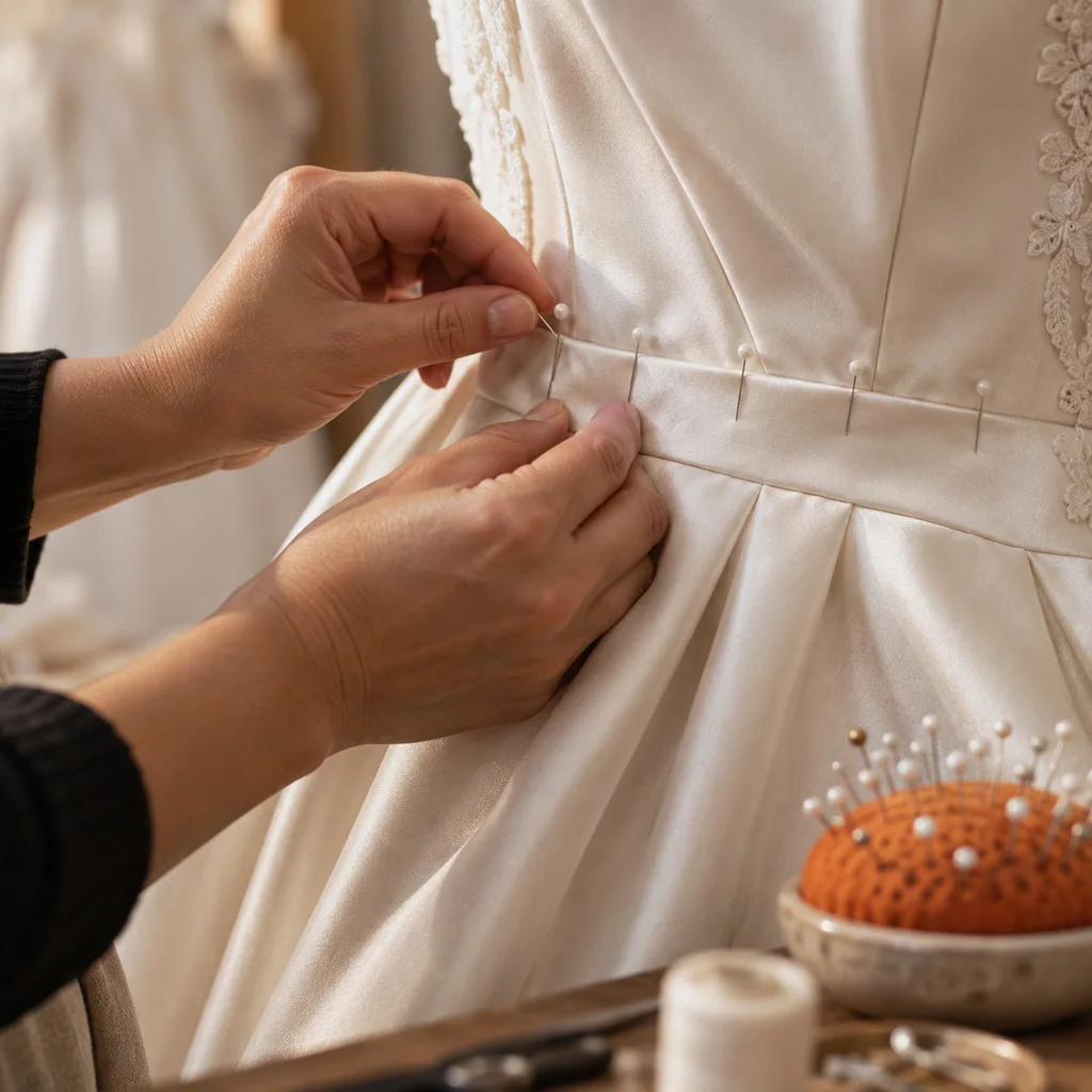A close-up of a satin waist seam on an ivory gown with a neat line of pins along it.