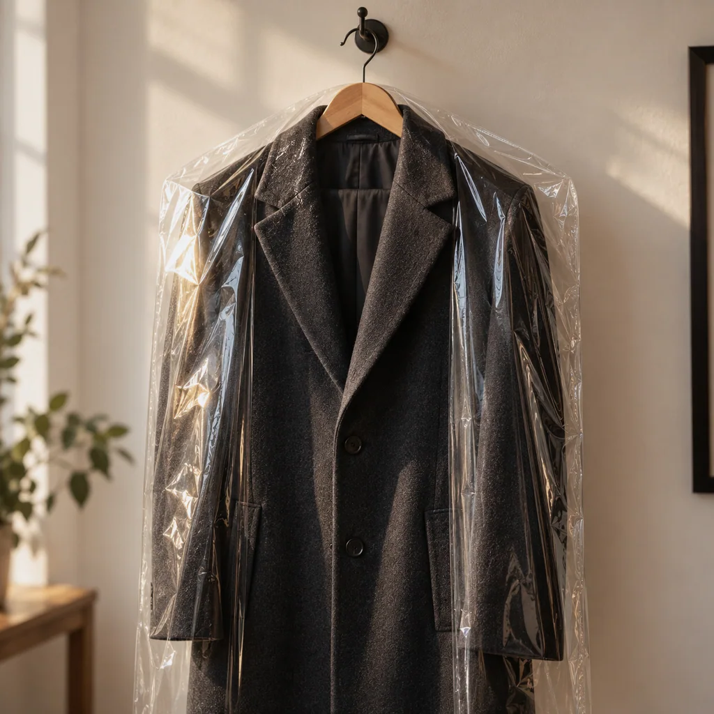 A charcoal jacket on a wooden hanger under a clear cover, hung alone against a cream wall.