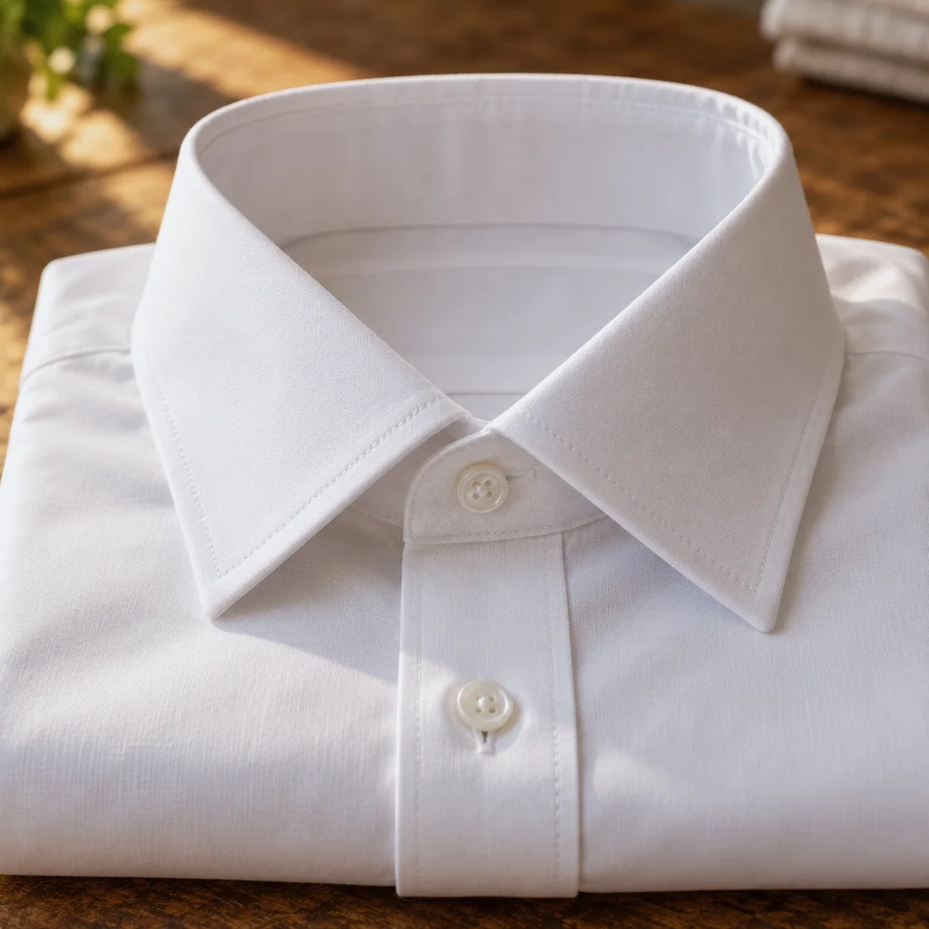 One white shirt collar, folded and perfectly crisp, on a wooden surface.