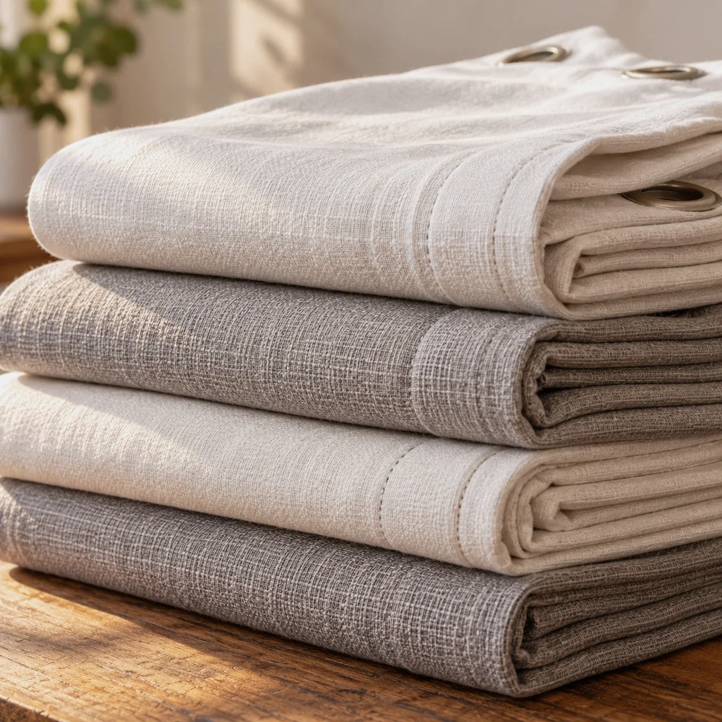 A neat stack of folded linen curtains in cream and warm grey.
