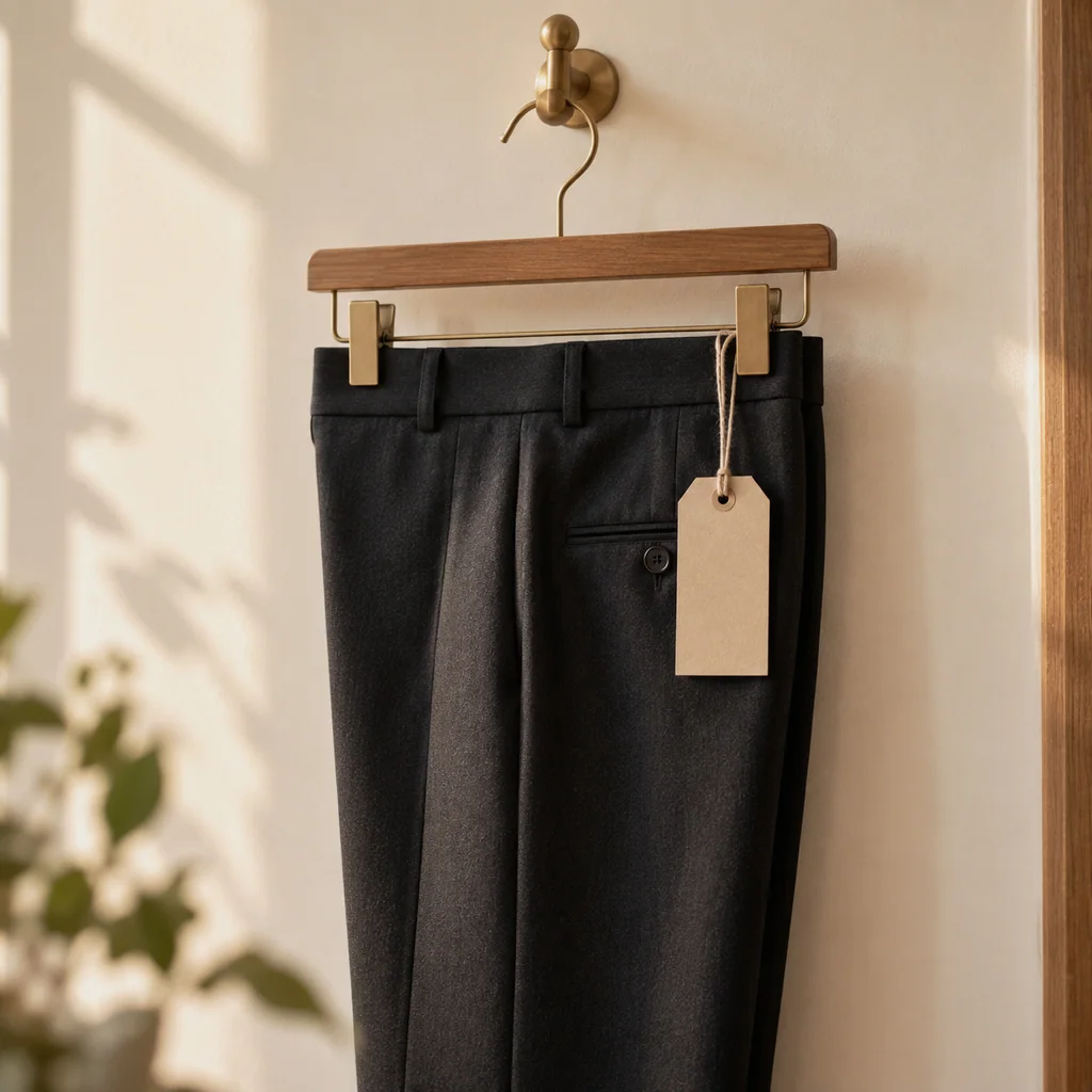 Finished dark trousers on a wooden hanger with a blank kraft tag on twine, hung against a cream wall.