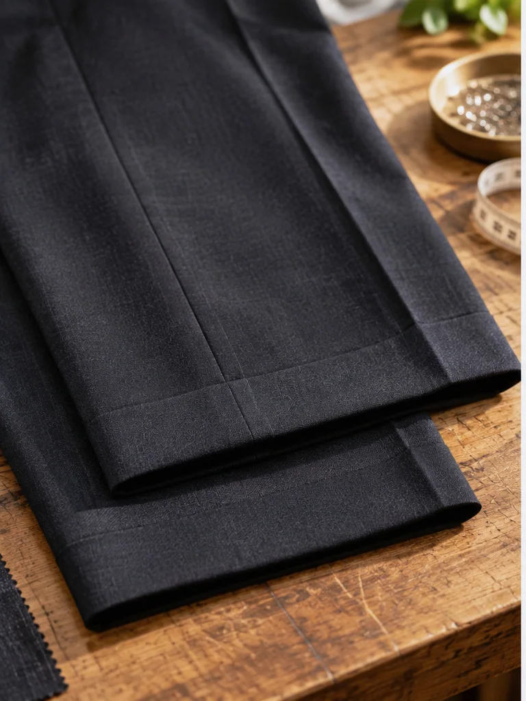 A trouser hem, finished, laid flat, the fold crisp and the stitches invisible.
