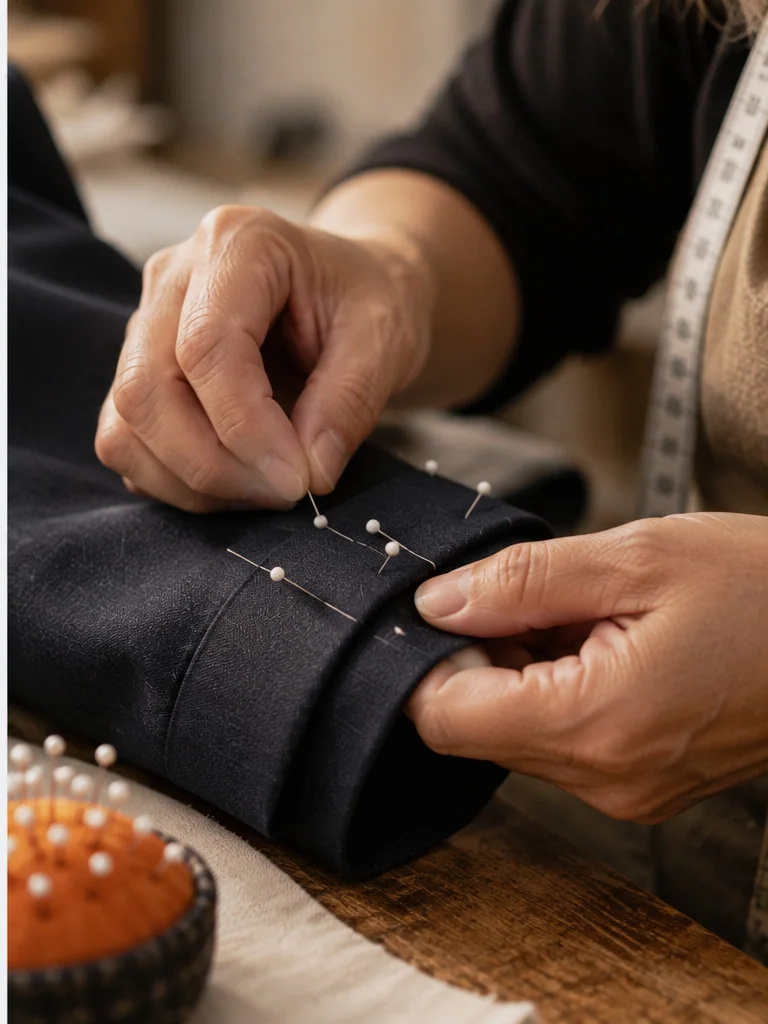 Hands pinning a sleeve cuff, pins in a row.