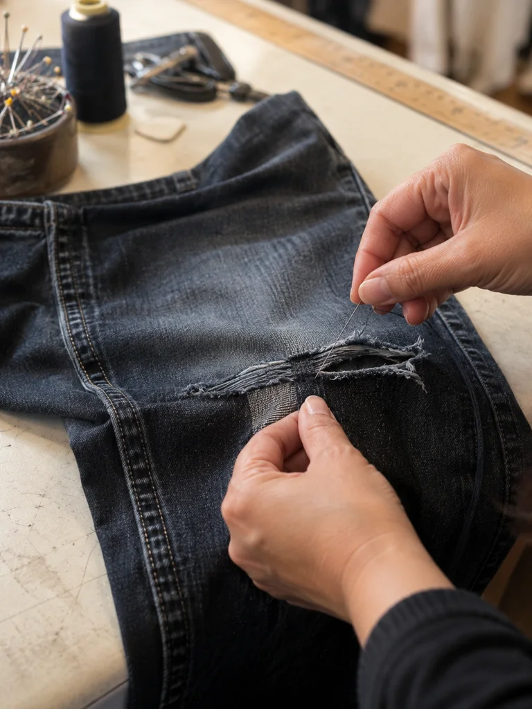 A dark denim jean leg on a table, a rip at the knee half repaired, a needle mid-stitch held by one hand.