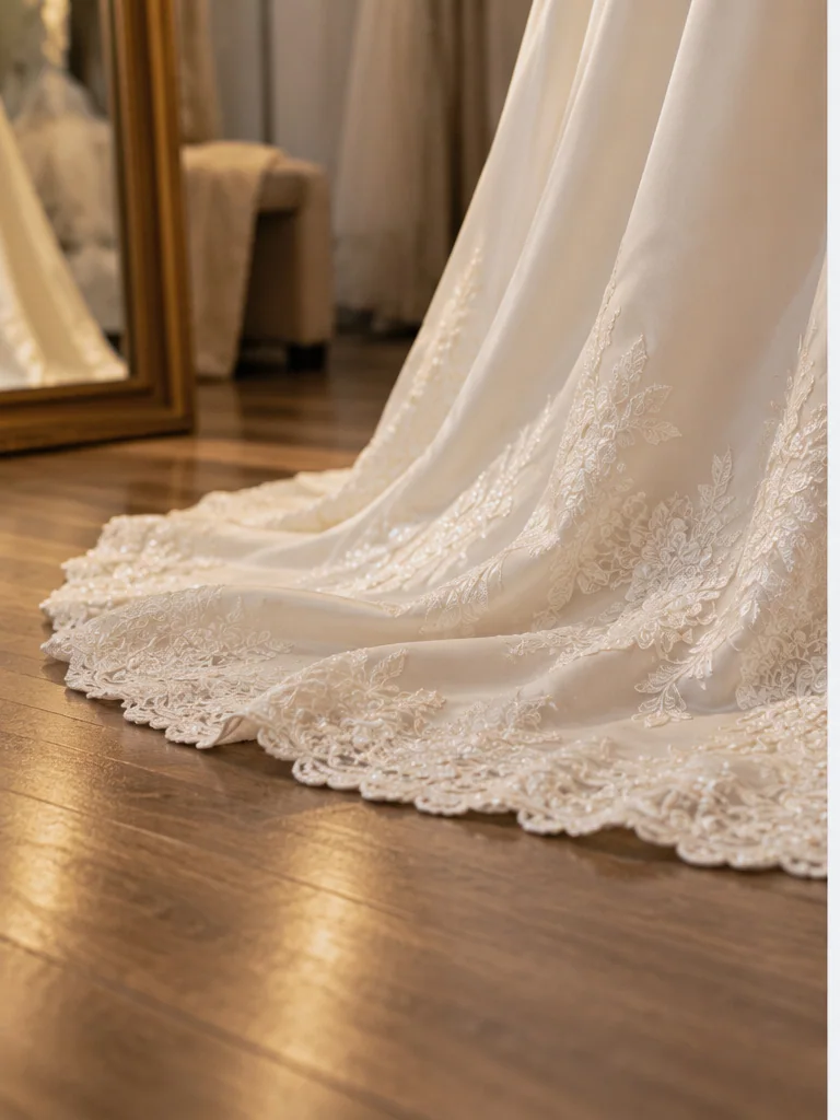 The hem of an ivory lace wedding gown pooled on a wooden floor, perfectly even.