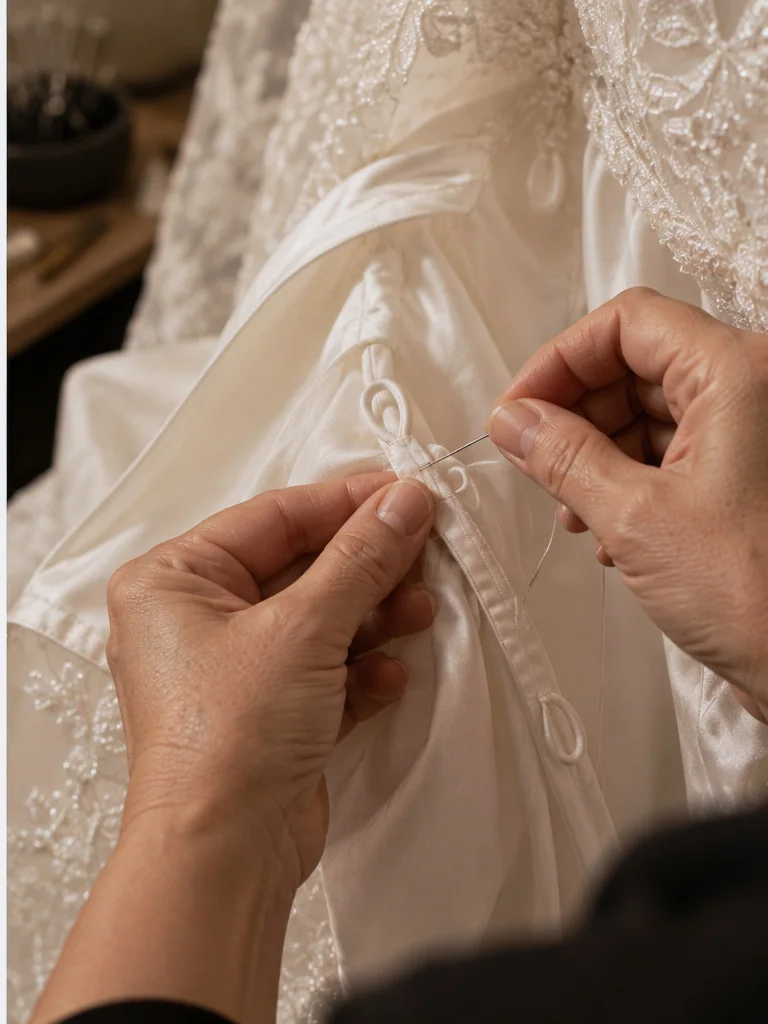 Hands hand-stitching inside an ivory gown, thread and needle sharp.