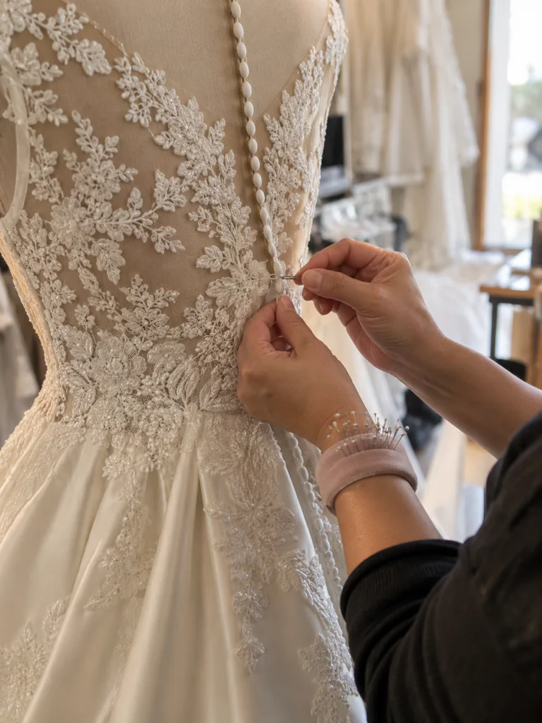 The back of an ivory lace gown on a dress form, a row of covered buttons, one hand closing a loop with a small hook.