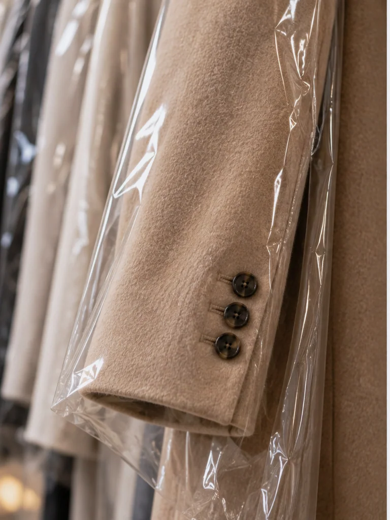 A cashmere coat sleeve under a clear cover, the nap clean and even.