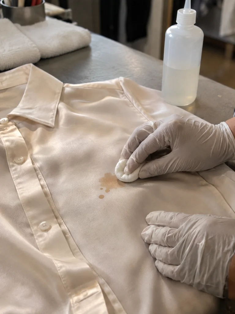 A white silk blouse laid flat with a small coffee stain, a gloved hand holding a cotton pad to it beside a small bottle.