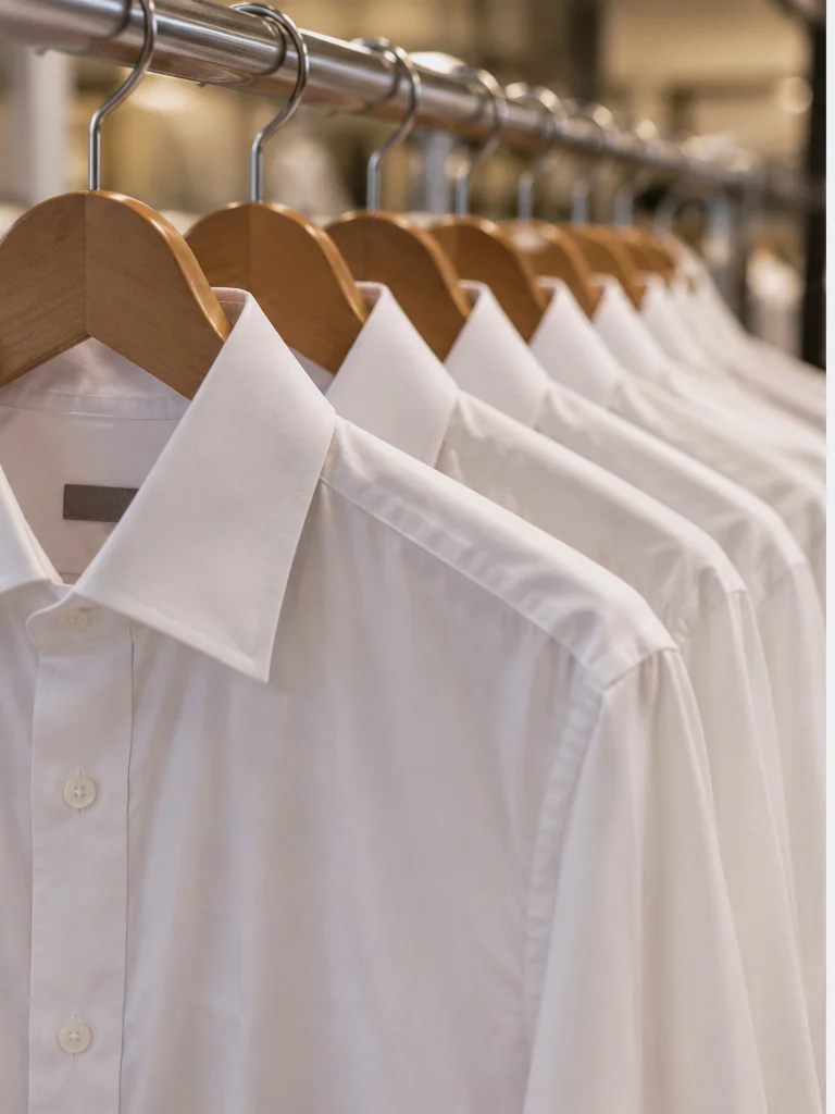 A row of pressed white shirts on hangers, collars in a line, along the rail.