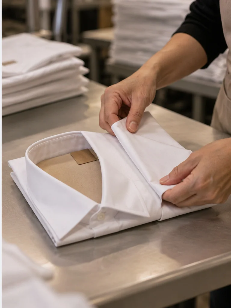 Hands folding a pressed shirt around a piece of cardboard, mid-fold.