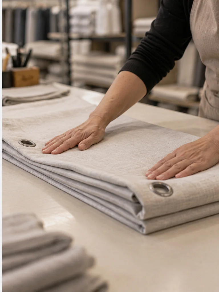 Hands smoothing a folded grey curtain panel with brass grommets on a wooden table.