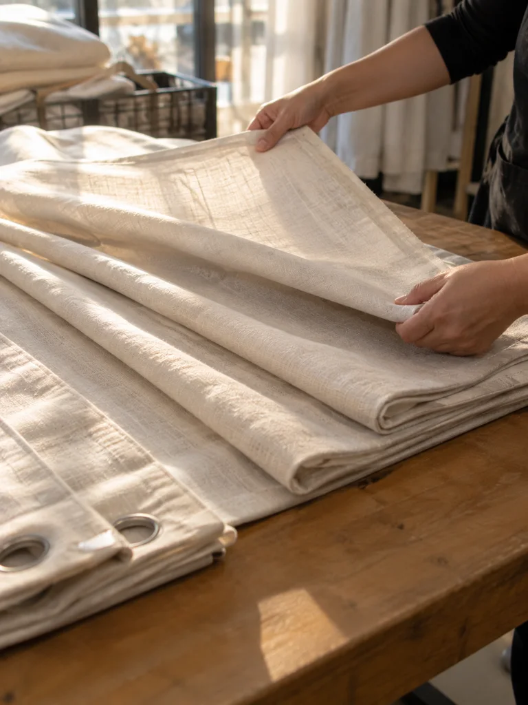 A cream linen curtain panel being folded over a wide wooden table by two hands, the pleats even.