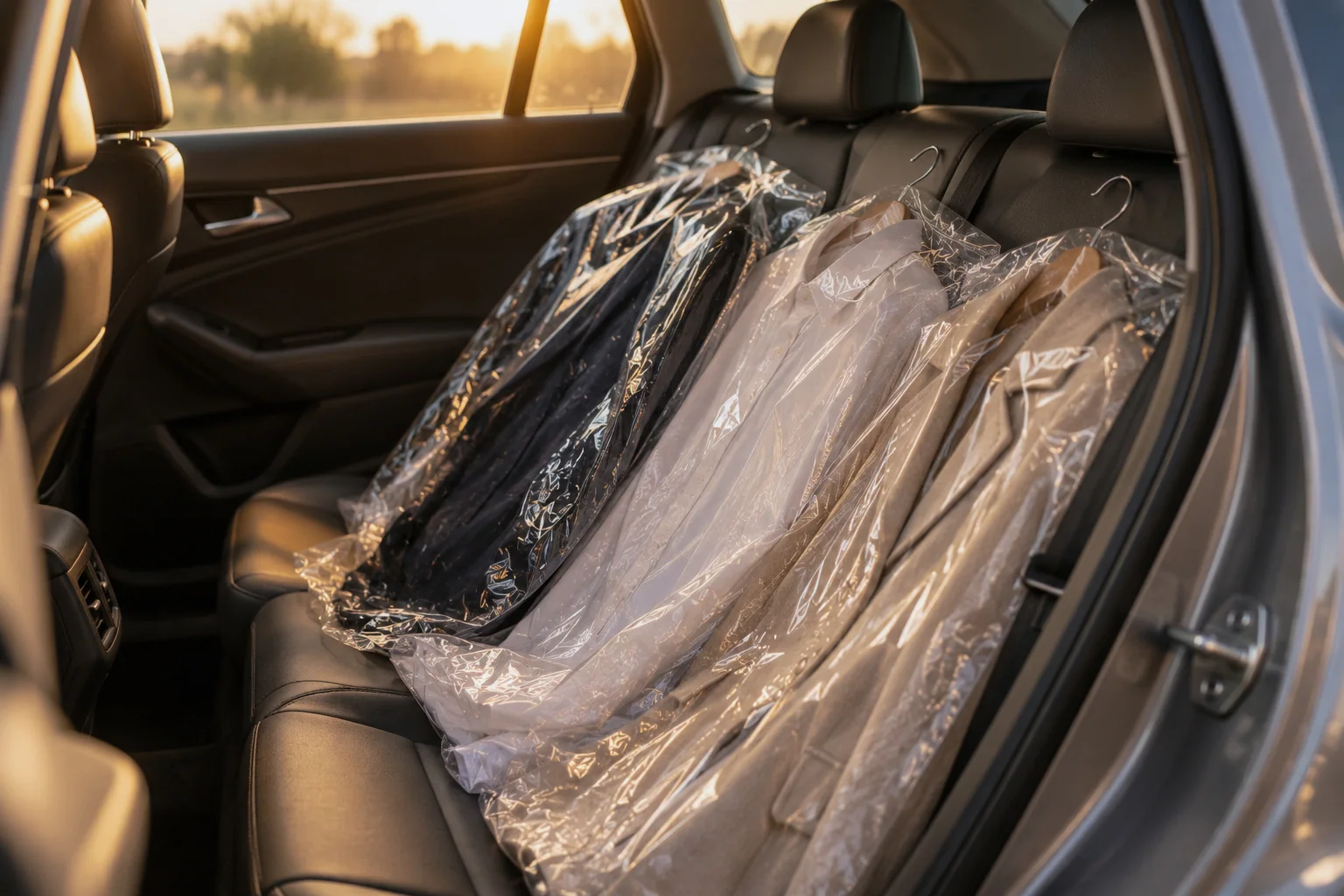 Three garments in clear covers laid across the back seat of a car, seen through the open rear door.